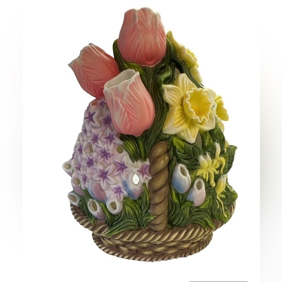 PartyLite Porcelain Tea-light Holder Floral Bouquet Basket Spring Flowers - Picture 2 of 12